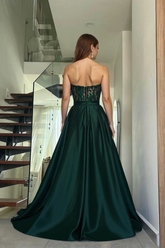 Amazing Long Dark Green A-line Strapless Lace Prom Evening Dresses With Slit